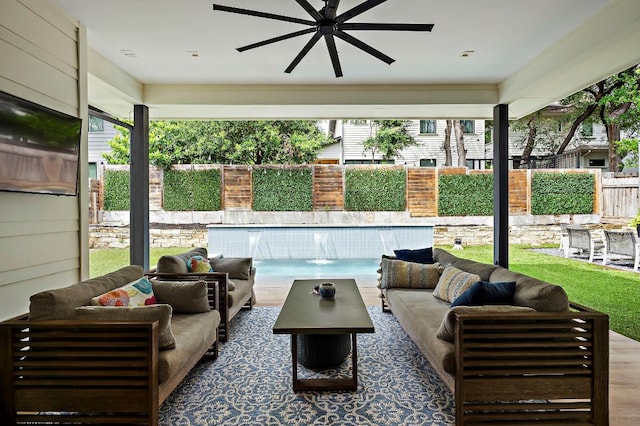 2312 Pruett St, Austin, TX 78703 - view of patio with an outdoor living space, ceiling fan, and an outdoor pool