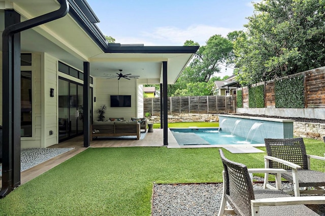 2312 Pruett St, Austin, TX 78703 - view of yard featuring ceiling fan, a patio, and an outdoor living space