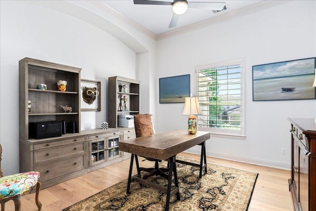 213 Black Wolf Run, Austin, TX 78738 - office space featuring crown molding, light wood-style floors, ceiling fan, and baseboards