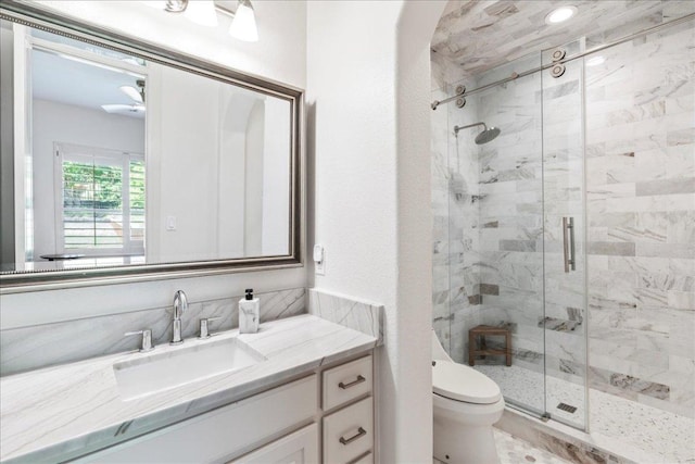 213 Black Wolf Run, Austin, TX 78738 - bathroom with a stall shower, toilet, and vanity
