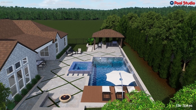 213 Black Wolf Run, Austin, TX 78738 - view of swimming pool with a view of trees, a gazebo, a patio, and a pool with connected hot tub