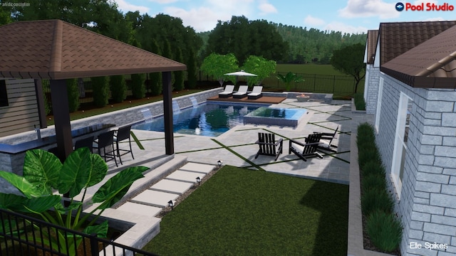 213 Black Wolf Run, Austin, TX 78738 - view of swimming pool with a patio, a gazebo, a fenced backyard, a pool with connected hot tub, and exterior bar