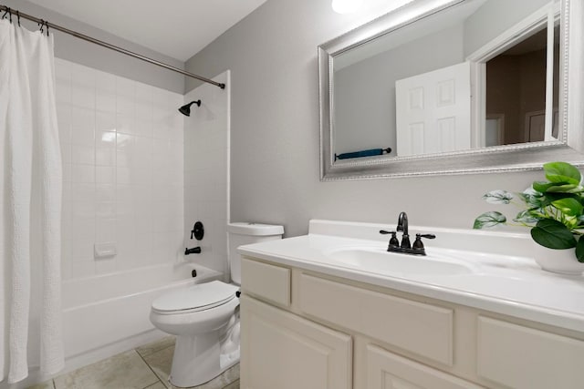 6307 Clairmont Dr, Austin, TX 78749 - bathroom featuring toilet, vanity, shower / tub combo with curtain, and tile patterned flooring