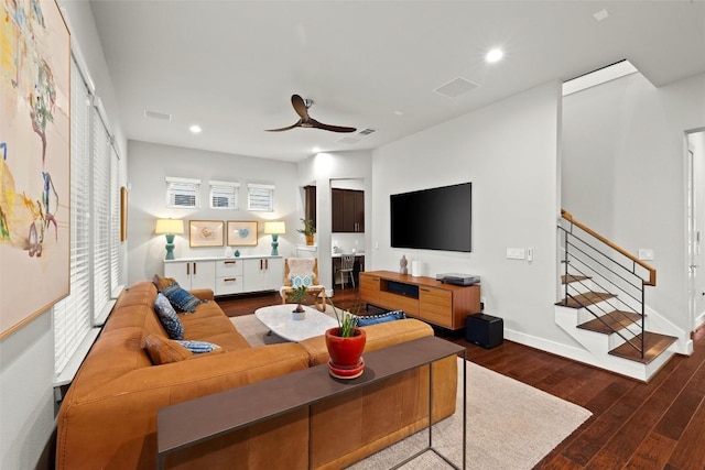 2807 Del Curto Rd Unit G, Austin, TX 78704 - living area with wood finished floors, stairway, a ceiling fan, plenty of natural light, and recessed lighting