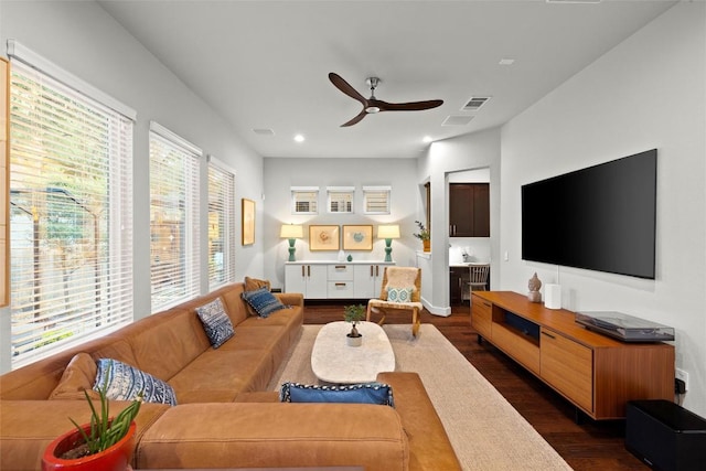 2807 Del Curto Rd Unit G, Austin, TX 78704 - living room with dark wood finished floors, a ceiling fan, healthy amount of natural light, and recessed lighting