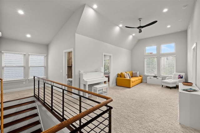 2807 Del Curto Rd Unit G, Austin, TX 78704 - living room with carpet floors, lofted ceiling, recessed lighting, and ceiling fan