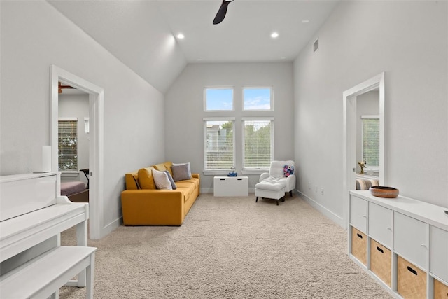 2807 Del Curto Rd Unit G, Austin, TX 78704 - living area featuring ceiling fan, carpet floors, and high vaulted ceiling