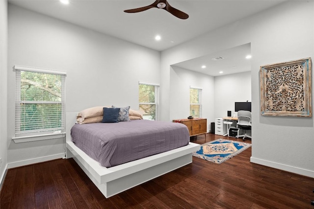2807 Del Curto Rd Unit G, Austin, TX 78704 - bedroom with an office area, multiple windows, wood-type flooring, recessed lighting, and a high ceiling