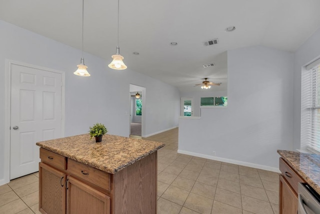 1908 Paradise Ridge Dr, Round Rock, TX 78665 - kitchen featuring a ceiling fan, dishwasher, hanging light fixtures, light tile patterned flooring, and a center island