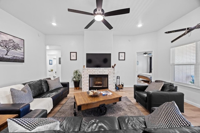 2545 Belle Hubbard Trl, Belton, TX 76513 - living area featuring ceiling fan, wood finished floors, a brick fireplace, recessed lighting, and baseboards