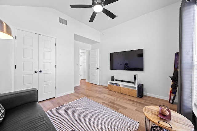 2545 Belle Hubbard Trl, Belton, TX 76513 - living room with lofted ceiling, a ceiling fan, light wood-style flooring, and baseboards
