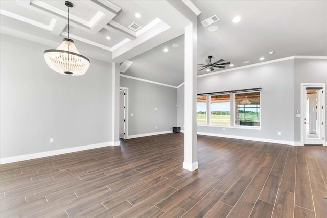 178 Balch Rd, Elgin, TX 78621 - unfurnished living room featuring ornamental molding, ceiling fan, dark wood-style floors, recessed lighting, and a chandelier