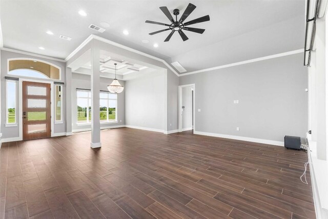 178 Balch Rd, Elgin, TX 78621 - unfurnished living room featuring crown molding, dark wood-type flooring, ceiling fan, and recessed lighting