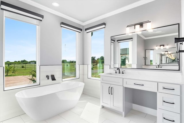 178 Balch Rd, Elgin, TX 78621 - full bathroom with a soaking tub, vanity, crown molding, plenty of natural light, and tile patterned floors