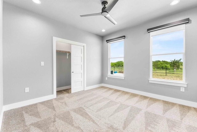 178 Balch Rd, Elgin, TX 78621 - unfurnished bedroom featuring carpet, baseboards, recessed lighting, a closet, and ceiling fan