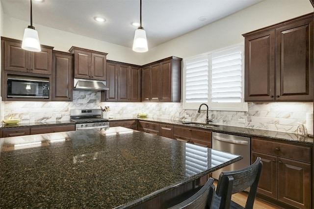 192 Call Dr, Austin, TX 78737 - kitchen with stainless steel appliances, a sink, under cabinet range hood, dark brown cabinets, and decorative backsplash