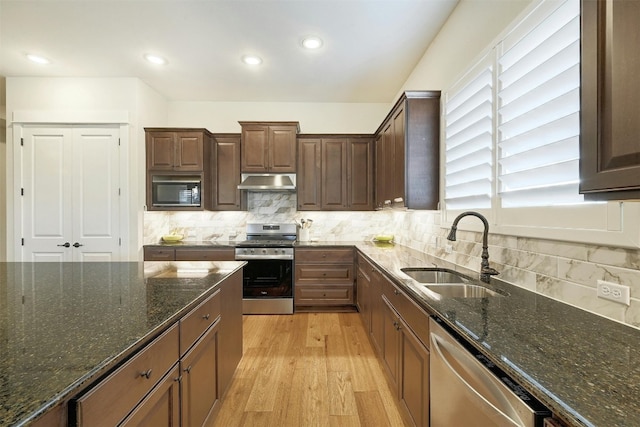 192 Call Dr, Austin, TX 78737 - kitchen featuring appliances with stainless steel finishes, a sink, under cabinet range hood, light wood-style floors, and dark stone countertops