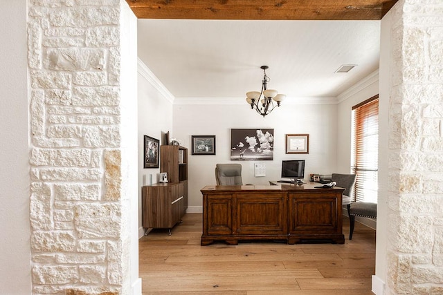 110 Saint Richie Ln, Austin, TX 78737 - home office with crown molding, a chandelier, and light wood-type flooring