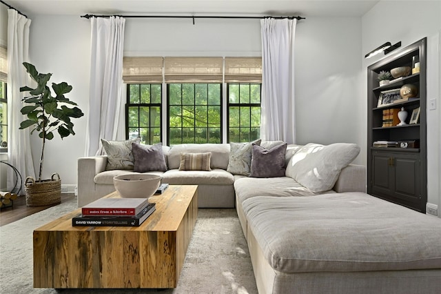 1712 Hartford Rd, Austin, TX 78703 - living room featuring built in features, wood finished floors, and baseboards