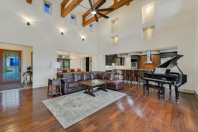 1101 Sprague Ln, West Lake Hills, TX 78746 - living area featuring ceiling fan, wood-type flooring, beam ceiling, plenty of natural light, and baseboards