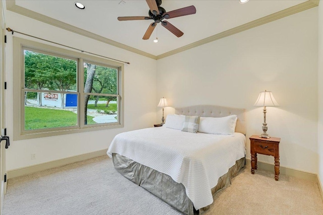1101 Sprague Ln, West Lake Hills, TX 78746 - bedroom featuring baseboards, light carpet, recessed lighting, ornamental molding, and ceiling fan