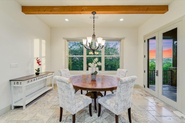 1101 Sprague Ln, West Lake Hills, TX 78746 - dining space with beam ceiling, stone tile flooring, a chandelier, recessed lighting, and baseboards
