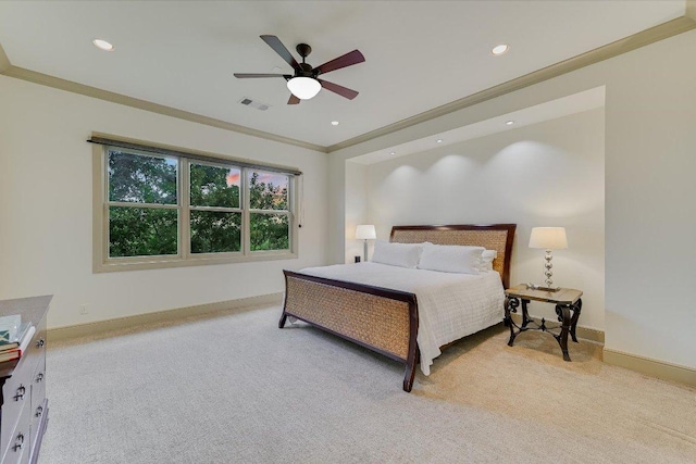 1101 Sprague Ln, West Lake Hills, TX 78746 - bedroom featuring light carpet, crown molding, recessed lighting, baseboards, and a ceiling fan