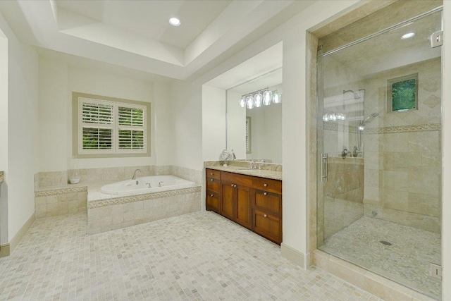 1101 Sprague Ln, West Lake Hills, TX 78746 - bathroom with vanity, a garden tub, a stall shower, tile patterned floors, and recessed lighting