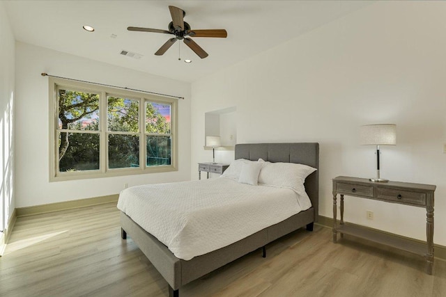 1101 Sprague Ln, West Lake Hills, TX 78746 - bedroom with light wood finished floors, recessed lighting, baseboards, and a ceiling fan