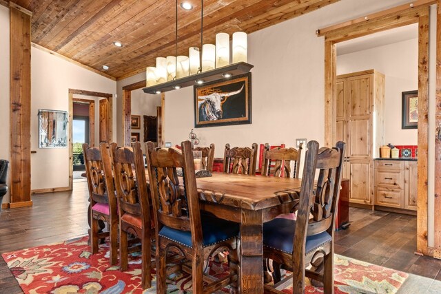 281 Cedar Mountain Dr, Marble Falls, TX 78654 - dining room with wooden ceiling, dark wood finished floors, recessed lighting, and vaulted ceiling