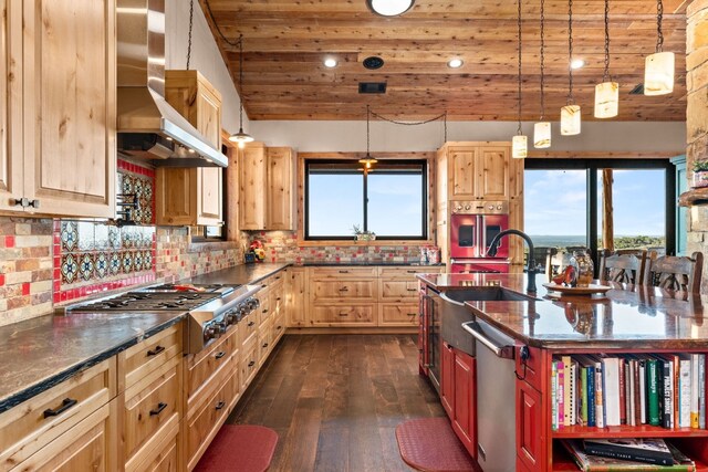 281 Cedar Mountain Dr, Marble Falls, TX 78654 - kitchen with wall chimney exhaust hood, stainless steel appliances, a sink, dark wood-style floors, and light brown cabinetry