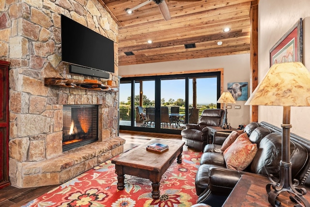 281 Cedar Mountain Dr, Marble Falls, TX 78654 - living room featuring a stone fireplace, wooden ceiling, wood finished floors, and recessed lighting