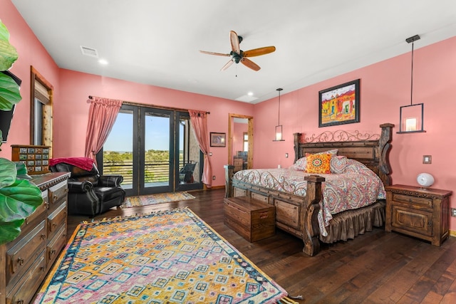 281 Cedar Mountain Dr, Marble Falls, TX 78654 - bedroom with access to exterior, wood-type flooring, ceiling fan, and baseboards