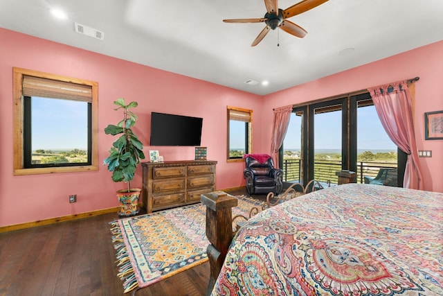 281 Cedar Mountain Dr, Marble Falls, TX 78654 - bedroom featuring access to exterior, hardwood / wood-style floors, baseboards, recessed lighting, and ceiling fan