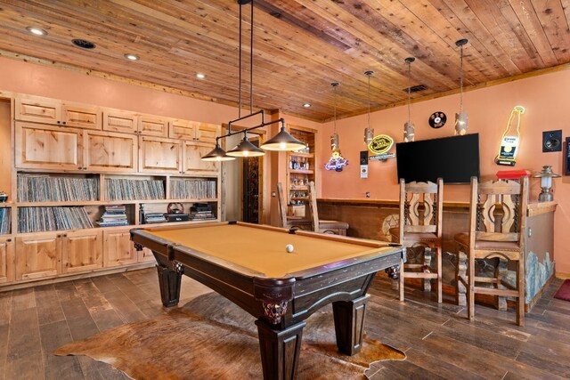 281 Cedar Mountain Dr, Marble Falls, TX 78654 - recreation room with wood ceiling, dark wood finished floors, recessed lighting, and pool table