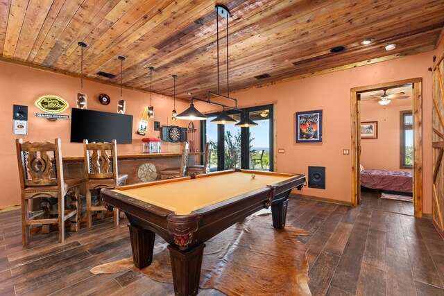 281 Cedar Mountain Dr, Marble Falls, TX 78654 - recreation room with hardwood / wood-style flooring, wood ceiling, billiards table, and baseboards