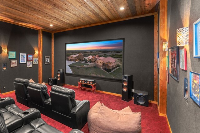 281 Cedar Mountain Dr, Marble Falls, TX 78654 - home theater room featuring wooden ceiling, carpet, recessed lighting, and baseboards