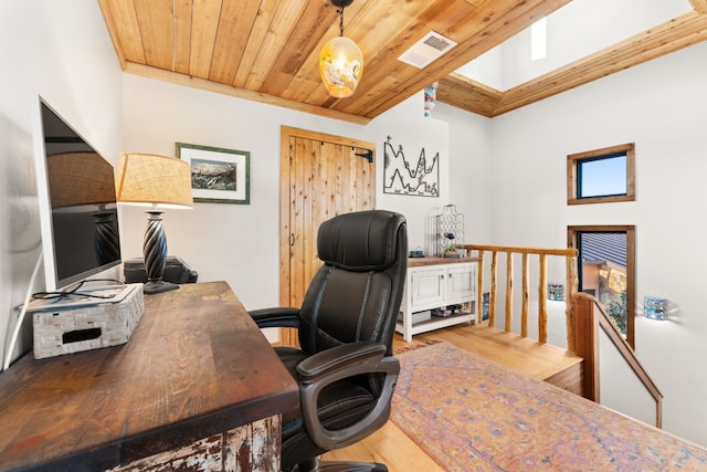 281 Cedar Mountain Dr, Marble Falls, TX 78654 - office area with wood finished floors and wood ceiling