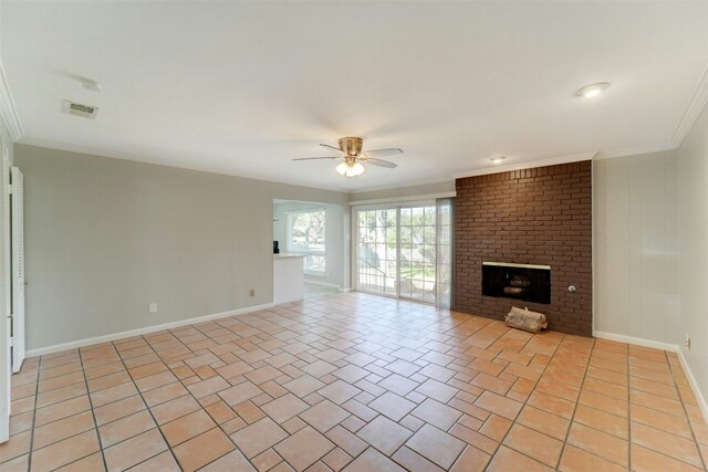 4020 Far W Blvd, Austin, TX 78731 - unfurnished living room featuring ornamental molding, ceiling fan, baseboards, and a fireplace