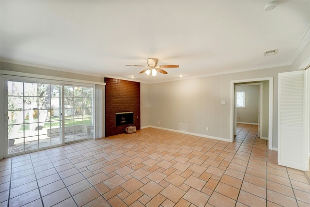 4020 Far W Blvd, Austin, TX 78731 - unfurnished living room with ceiling fan, healthy amount of natural light, ornamental molding, light tile patterned floors, and baseboards