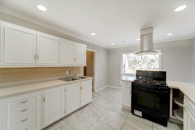 4020 Far W Blvd, Austin, TX 78731 - kitchen with black gas range oven, island exhaust hood, backsplash, white cabinetry, and recessed lighting