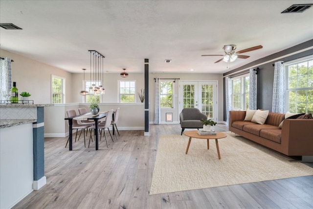 8204 Williamson Creek Dr, Austin, TX 78736 - living area with ceiling fan, light wood-style flooring, plenty of natural light, and a chandelier