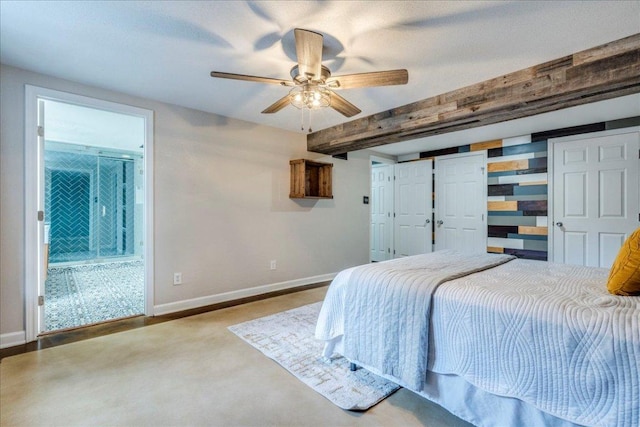 8204 Williamson Creek Dr, Austin, TX 78736 - bedroom with baseboards, beam ceiling, ensuite bath, and ceiling fan
