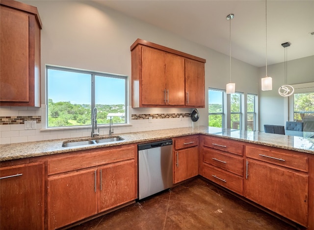 14410 Hunters Pass, Austin, TX 78734 - kitchen featuring stainless steel dishwasher, a sink, backsplash, and brown cabinets