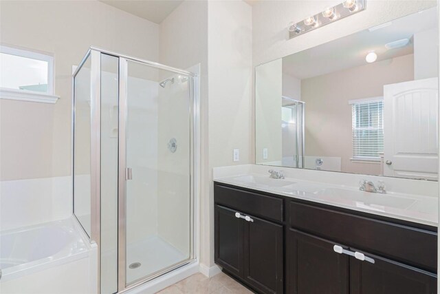 466 Sand Trl, New Braunfels, TX 78130 - full bath featuring a stall shower, a bath, and double vanity