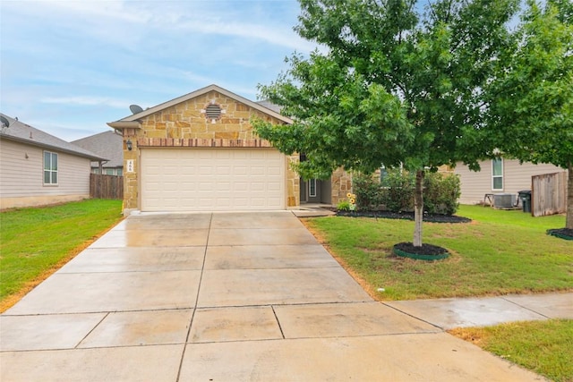 466 Sand Trl, New Braunfels, TX 78130 - view of front of property featuring stone siding, driveway, a garage, and central AC