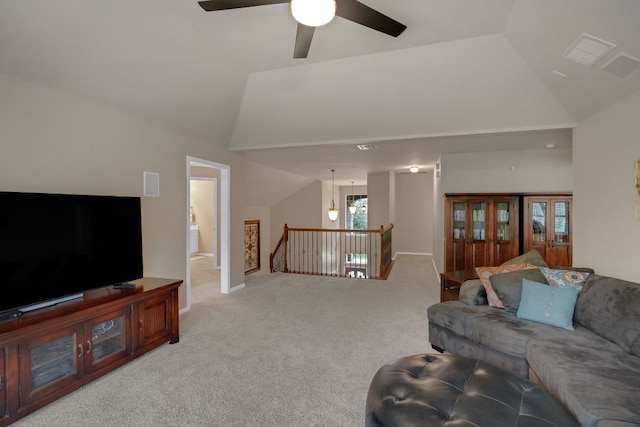 12709 Pinto Chase Ct, Austin, TX 78732 - carpeted living room with a ceiling fan, high vaulted ceiling, and baseboards