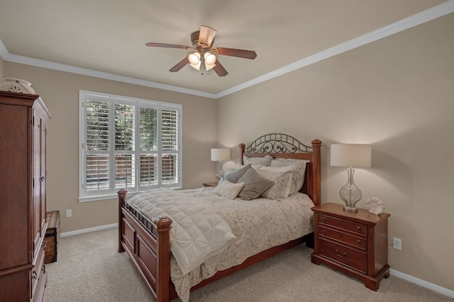 12709 Pinto Chase Ct, Austin, TX 78732 - bedroom with light carpet, crown molding, baseboards, and a ceiling fan