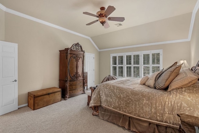 12709 Pinto Chase Ct, Austin, TX 78732 - bedroom with carpet floors, crown molding, vaulted ceiling, baseboards, and ceiling fan
