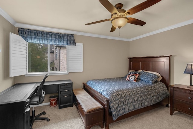 12709 Pinto Chase Ct, Austin, TX 78732 - bedroom featuring light carpet, ornamental molding, a desk, and a ceiling fan